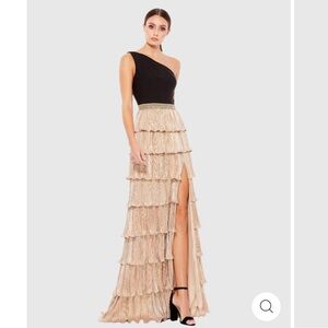 New Ieena For Mac Duggal One Shoulder Ruffle Tiered Gown in Black And Gold